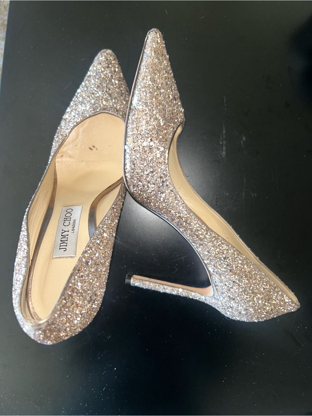 Jimmy Choo Champagne Sequin Glitter Pointed Romy 85 Pump Heels
